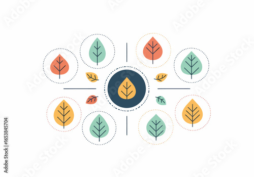 Stylized network of colorful autumn leaves within dotted circles in a flat design.