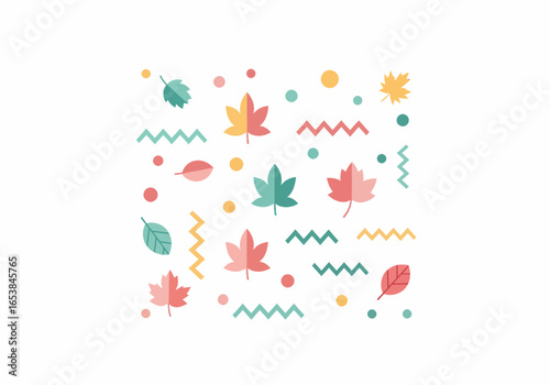 Flat-style autumn leaves design, featuring teal, pink, and yellow maple and ovate leaves, scattered with zig-zag lines and dots.