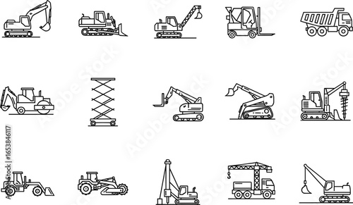 Construction machinery icon set including excavator, bulldozer, mobile crane, forklift, dump truck, road roller, scissor lift, backhoe, grader, paver, drilling rig