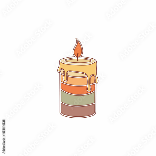 Colorful striped candle with a lit flame and melting wax in a warm, earthy color palette.