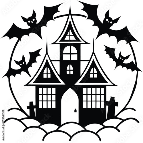 Spooky haunted house silhouette with bats and graves for halloween celebration