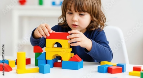 Engrossed toddler creating a colorful tower with wooden building blocks at home or preschool