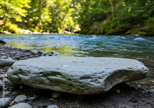 Mockup a large rock rests on the bank of a flowing river in nature commercial usage