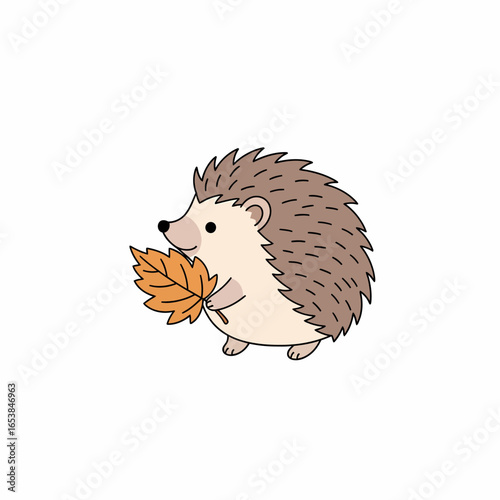 Cute cartoon hedgehog with brown spines holding a large orange autumn leaf.