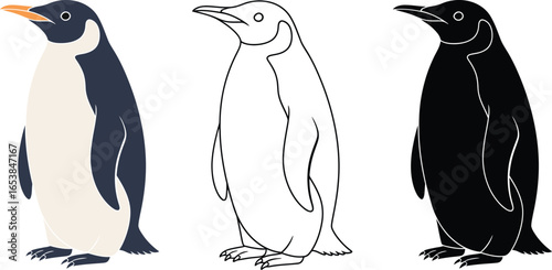 Penguin illustration set vector drawing outline black