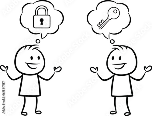 Stick figures thinking about security and key concept art