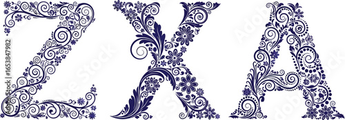 Floral zxa letters decorative alphabet design illustration