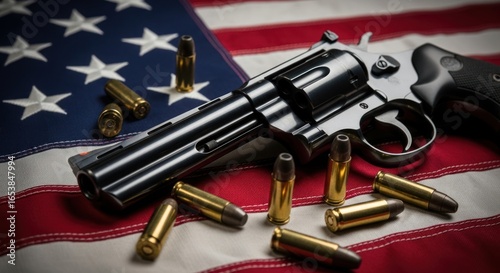 Revolver and ammunition displayed over the American flag suggesting constitutional issues