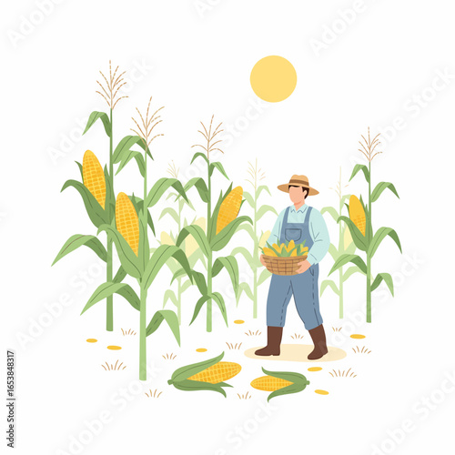 Male farmer in a straw hat and overalls harvesting ripe yellow corn into a wicker basket in a sunny field.