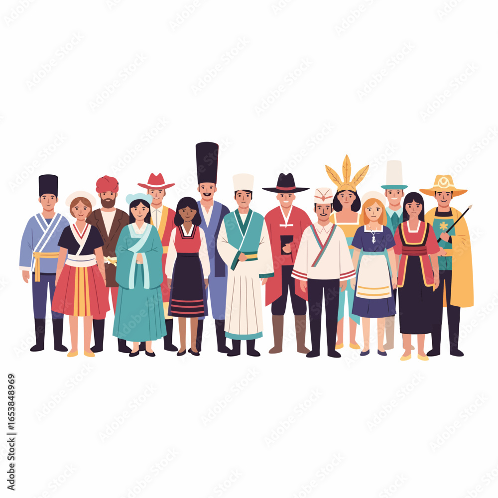 Fototapeta premium Illustration of a diverse, multicultural community standing together in colorful traditional folk costumes.