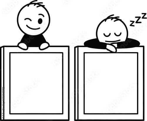 Stick figure winking and sleeping on box vector illustration
