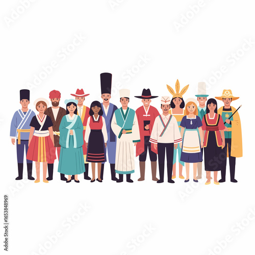 Illustration of a diverse, multicultural community standing together in colorful traditional folk costumes.