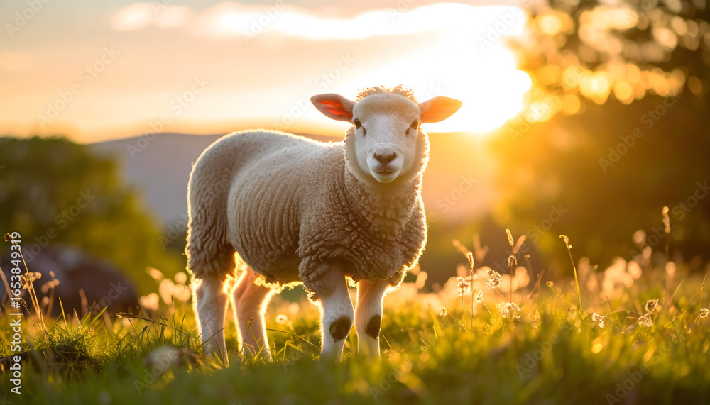Obraz premium Portrait Of A Sheep Standing In A Green Grassy Field During Sunset With Golden Light And Mountains In The Background
