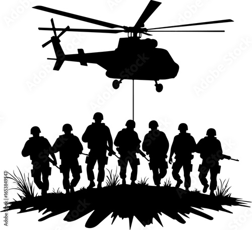 American "Military Silhouette Scene – Soldiers and Helicopter" vector bundle