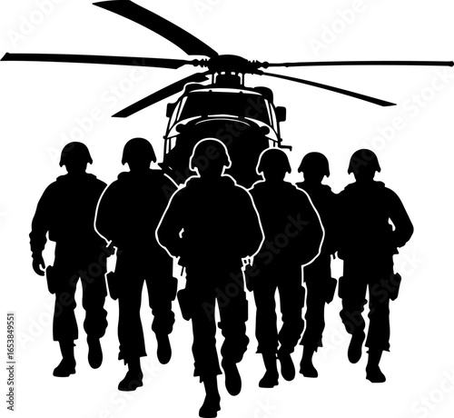 American "Military Silhouette Scene – Soldiers and Helicopter" vector bundle