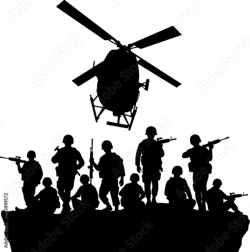 American "Military Silhouette Scene – Soldiers and Helicopter" vector bundle