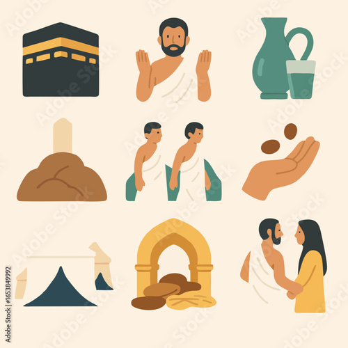 Flat art vector illustration of Hajj and Umrah elements including Kaaba, pilgrims, Zamzam, ihram, and Islamic rituals.