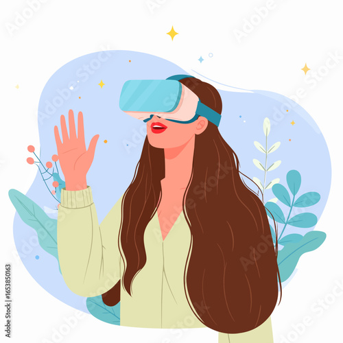Illustration of a woman with long brown hair in a blue VR headset, raising her hand to interact with a virtual world.