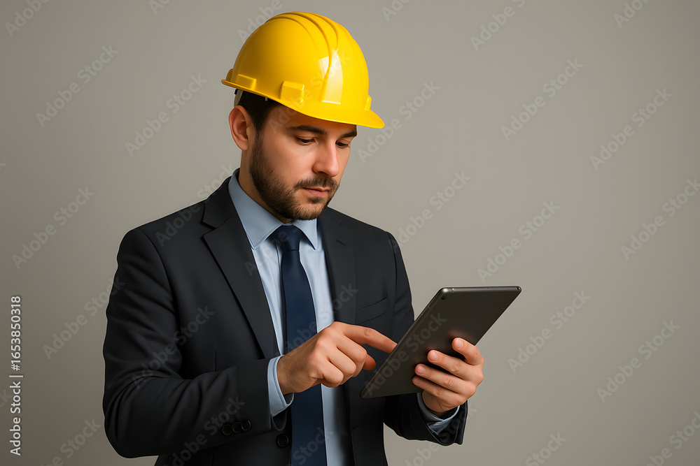Engineer wearing a safety helmet, holding a tablet device, analyzing or inspecting a project in a construction setting. Engineer wearing a safety helmet, holding a tablet device, analyzing or inspecting a project in a construction setting.