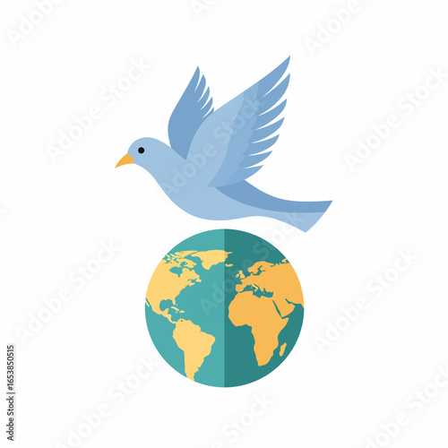 Stylized blue dove of peace flying over a flat design planet Earth globe, a symbol of global harmony and unity.
