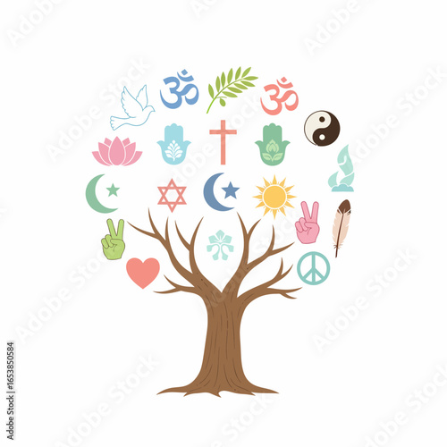 Stylized Tree of Life adorned with colorful interfaith, spiritual, and peace symbols representing unity and harmony.