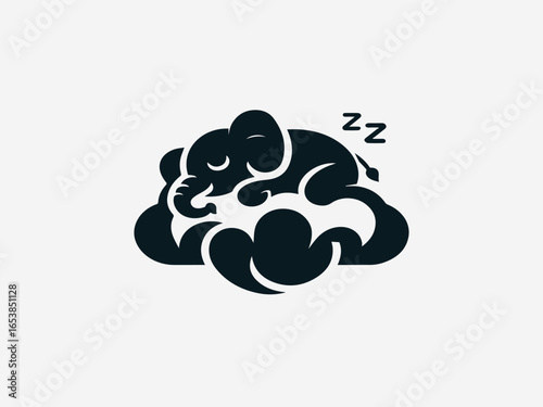 Peaceful baby elephant sleeping soundly on fluffy cloud in dreamy vector logo