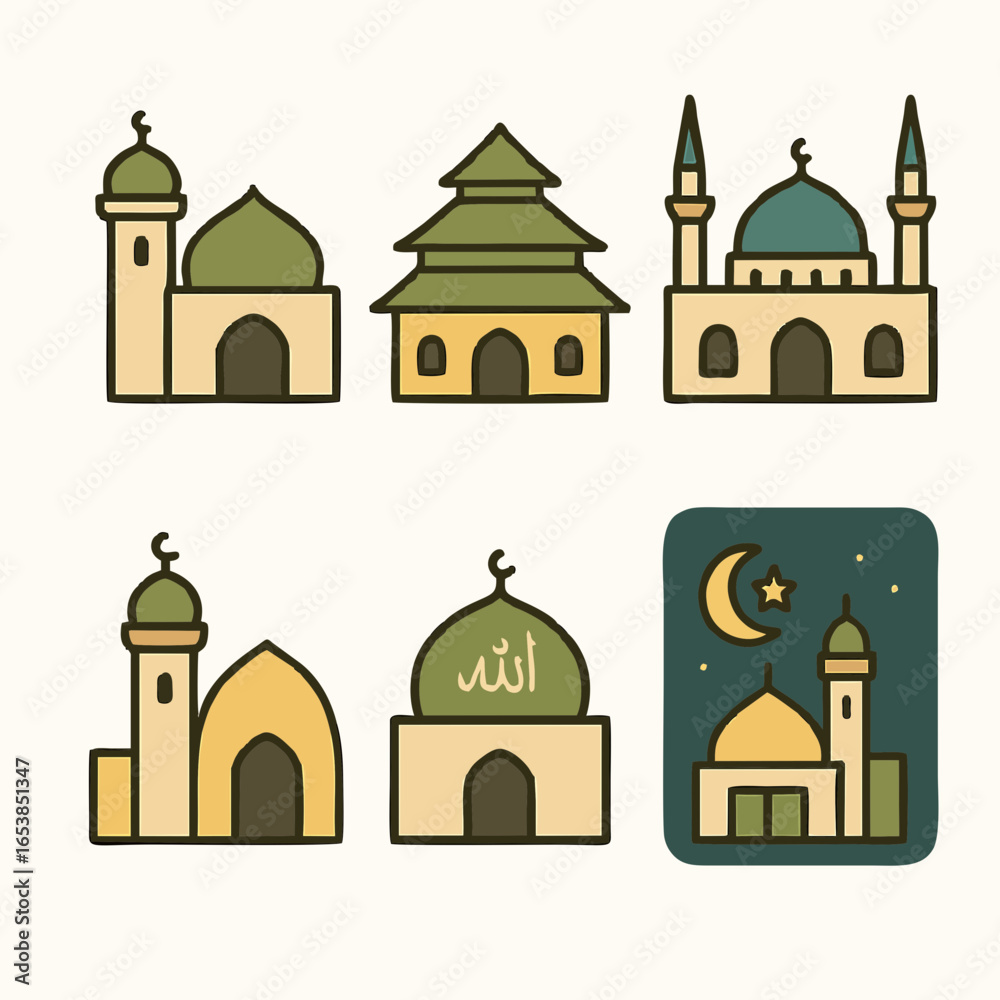 Obraz premium Ilustrasi vektor ikon masjid bergaya flat art, cocok untuk desain poster Ramadan, Idul Fitri, dan konten Islami digital.