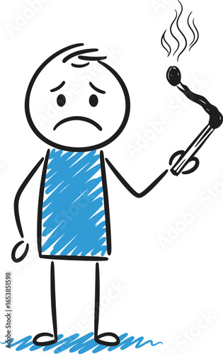 Stick figure with burnt match sad and disappointed drawing
