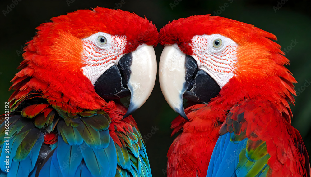 Fototapeta premium Two Red Macaws Face To Face With Detailed Colorful Plumage Against a Green Background