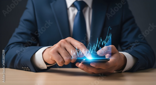 Businessman analyzing financial charts on smartphone