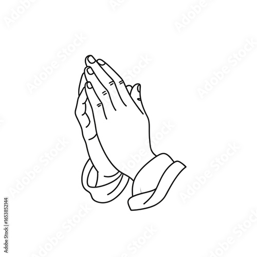 Clasped praying hands in a simple black outline style with cuffed sleeves. PNG Transparent