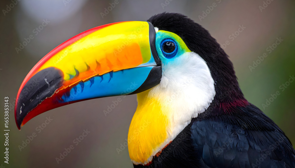 Fototapeta premium Vibrant Toucan Profile Displaying Colorful Beak and Feathers Against Blurred Green Background