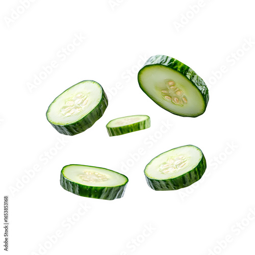 Several cucumber slices floating in the air