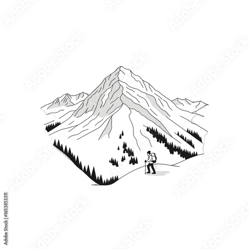Isometric Pixel Art of Snow Mountain with Hiker Climbing on White Background Vector Illustration
