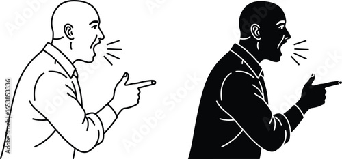 Man shouting and pointing angry person outline illustration