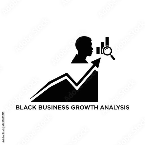 Silhouette of a Black person's head above a rising graph, magnifying glass, and bar chart, representing Black business growth analysis.