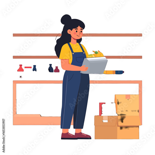 Young Woman in Blue Overalls Carrying a Box with Yellow T Shirt in a Bright Indoor Warehouse with Shelving in Digital Illustration
