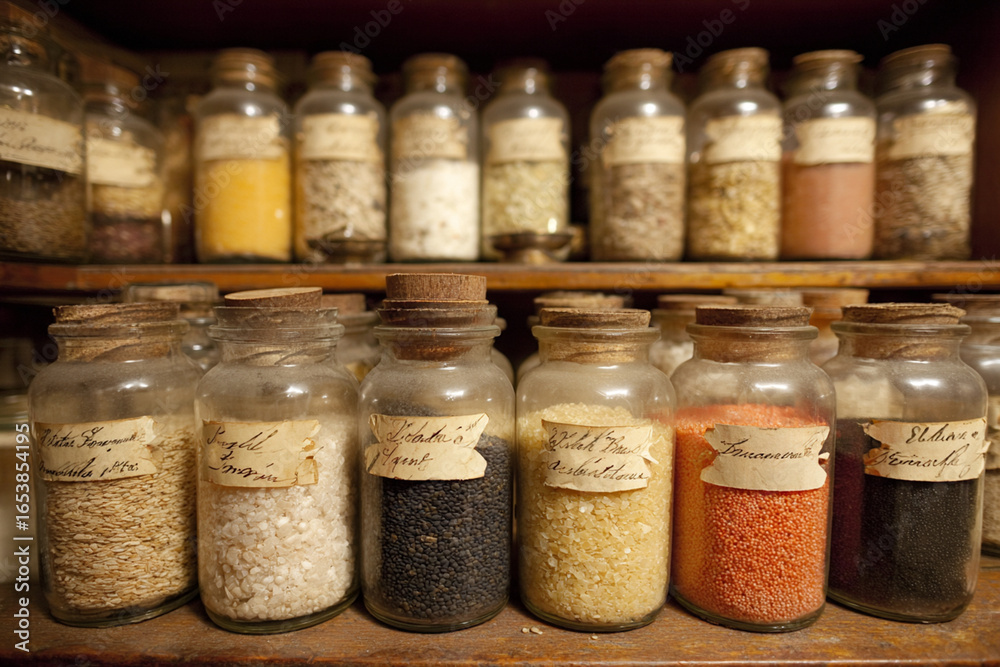 Bulk grains in glass jars with handwritten labels Bulk grains in glass jars with handwritten labels