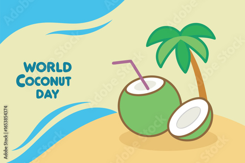 Flat illustration of a whole and halved coconut with a straw under a palm tree on a sandy beach with blue waves and text World Coconut Day