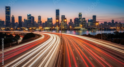 Spectacular cityscape at twilight with light trails weaving through the urban landscape