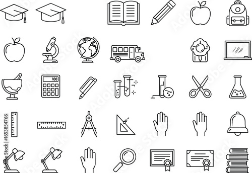 School and education outline icons set with graduation cap, book, pencil, apple, backpack, microscope, globe, bus, award, chalkboard, certificate