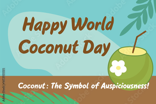 Happy World Coconut Day celebration with green coconut drink and tropical leaves vector
