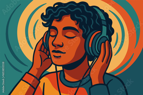 Retro Illustration of Person Wearing Headphones and Enjoying Music