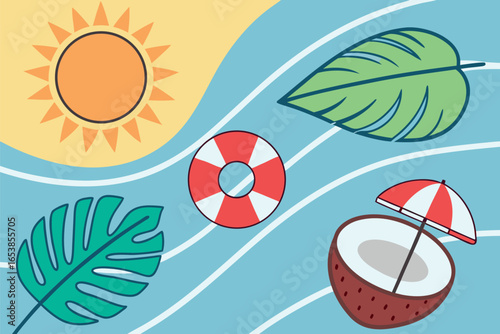 Sunny beach vacation with tropical leaves life preserver and coconut drink summer ocean