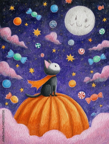 Halloween party celebration under the moon silhouette of a cat on a pumpkin haunted ghost invitation idea whimsical atmosphere