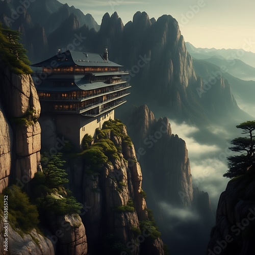 Ancient Mountain Temple Perched on Cliff with Misty Valley View
