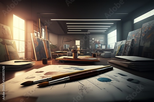 Artistic Studio with Sketches, Brushes, and Creative Workspace Ambience
