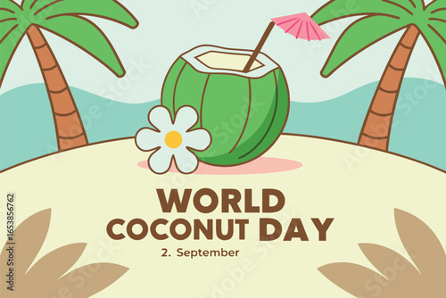 World Coconut Day celebration with tropical palm trees and refreshing coconut drink on beach vector