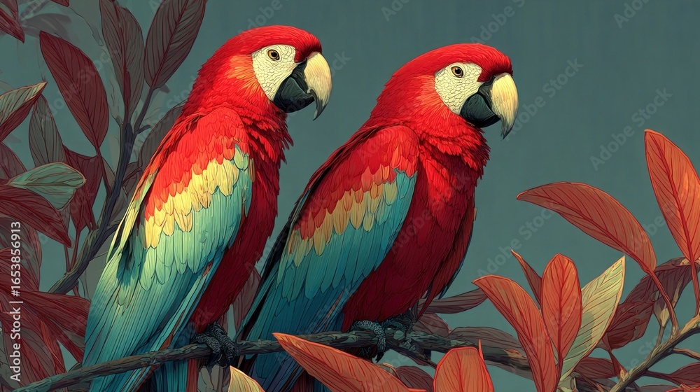 Fototapeta premium Bright parrots chattering and hopping between jungle tree branches