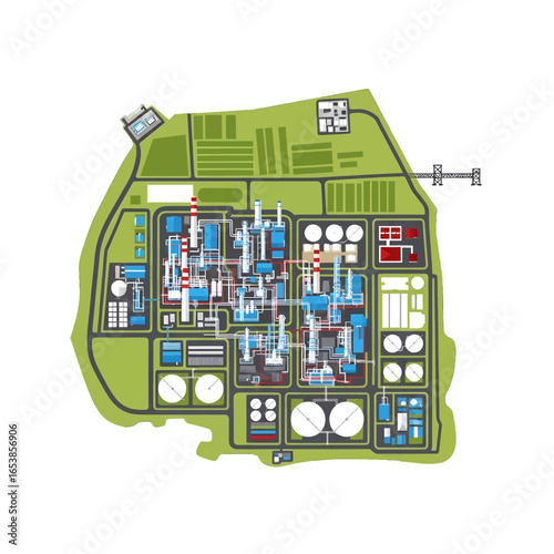 Detailed Plant Factory Layout Overhead View Featuring Intricate Piping Network Buildings and Tanks in Green White Blue and Red Color Scheme